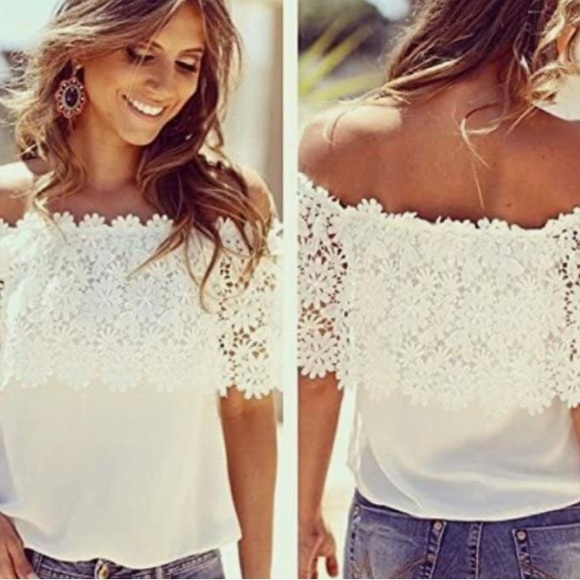 unbranded Tops - White Boho Bohemian Sheer Chiffon Floral Lace Off-Shoulder Blouse XSmall XS